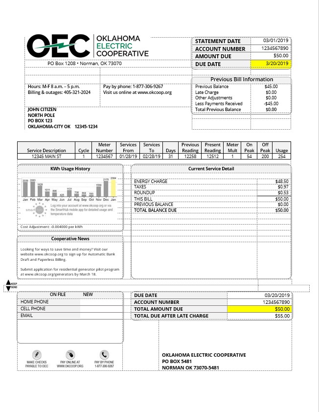 USA OEC electricity utility bill template in Word and PDF format